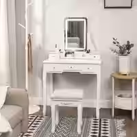 VASAGLE Schminktisch-Set mit LED-Beleuchtung: Weißer Frisiertisch inklusive Hocker und Make-up-Organizer - Elegantes Möbelstück für stilvolles Schminken und Beauty-Routine
