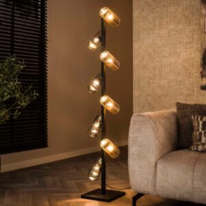 Die KAWOLA Stehlampe MALLAWI vereint elegantes Design mit flexibler Beleuchtung. Sie verfügt über acht kunstvoll gestaltete Glasschirme in bernsteinfarbenem und chromfarbenem Glas