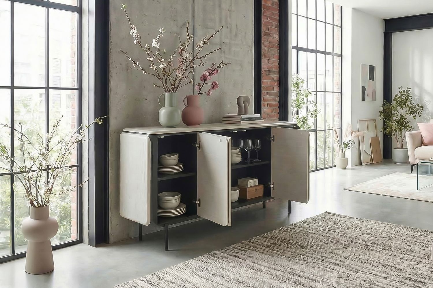 KAWOLA Sideboard AVRIL 4 Türen Eiche furniert grau – Bild 2