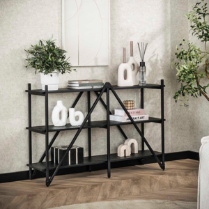 Das KAWOLA Wandregal PEARA 130 cm ist ein 3-stufiges Regal aus MDF-Holz mit dunkelgrauer Flüssigmetallbeschichtung und einem passenden dunkelgrauen Metallrahmen. Es verfügt über drei geräumige Fäch...