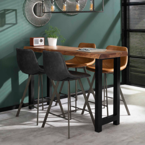 Der Bartisch BAMA von KAWOLA vereint rustikales Design mit modernem Industrie-Look. Die 6 cm starke Tischplatte aus massivem Akazienholz beeindruckt durch ihre natürliche Baumstammform – jedes Stüc...