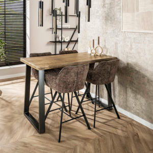 Der Bartisch FINA von KAWOLA überzeugt mit hochwertigem Industriedesign und natürlichem Charme. Die massive Mangoholzplatte ist auf 5 cm verstärkt und mit einem matten