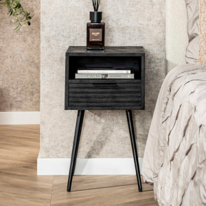 Der KAWOLA Nachttisch MIENA überzeugt mit modernem Design und hochwertiger Verarbeitung. Gefertigt aus Mangoholz mit schwarzem Finish