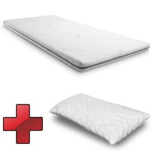 Kaltschaumtopper Supportho Premium Topper 80 x 200 cm H3, Höhe 9 cm, Härtegrad H3 mit antibakteriellem Bezug + CloudComfort Basic Gel-Flocken Kopfkissen 40 x 80 cm