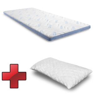 Kaltschaumtopper CloudComfort Cool 90 x 200 cm H2/H3, Höhe 7 cm, Härtegrad H2/H3, 7-Zonen Topper mit Sommer- und Winterseite + CloudComfort Basic Gel-Flocken Kissen 40 x 80 cm
