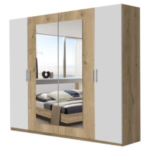 Kleiderschrank mit Spiegel - Plankeneiche - weiß - 225 cm - NORA