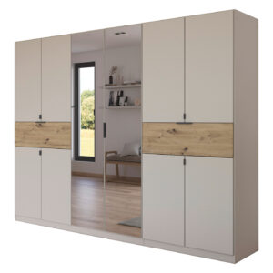 Kleiderschrank mit Spiegel beige Artisan Eiche 271 cm -  rauch - SAJO