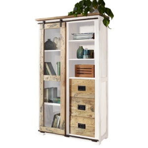 Vitrine mit Schiebetür Mango massiv weiß Breite 100 cm - EMANUEL